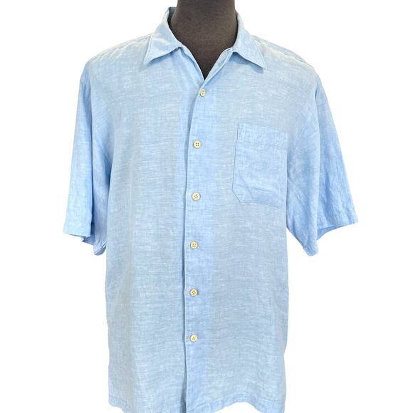 Tommy Bahama Large Blue Linen Camp Shirt Hawaiian Wood Button Logo Relaxed EUC